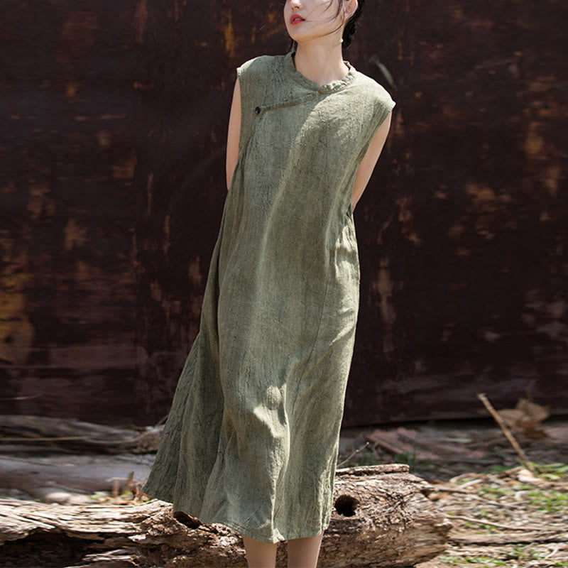 Handmade Tie Dye Midi Dress Linen Sleeveless Dress