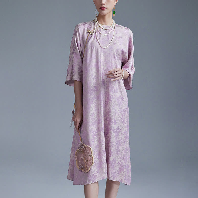 Small Flower Leaf Jacquard Chinese Cheongsam Qipao Midi Dress With Pockets