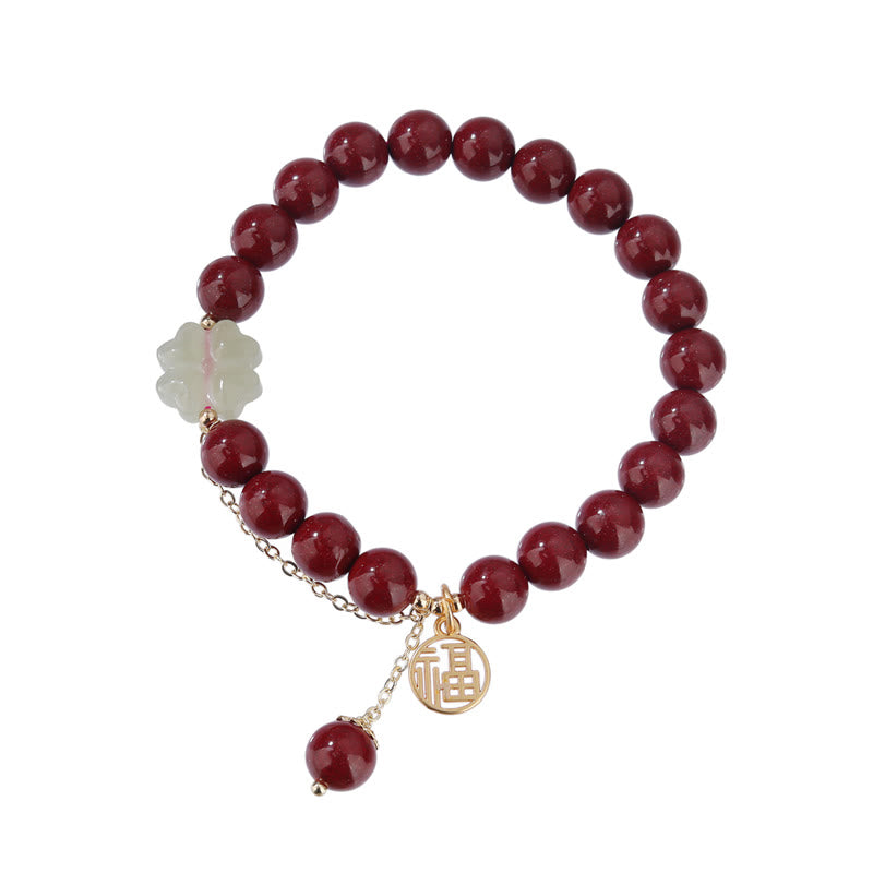 Natural Hetian Jade and Cinnabar Fu Character Clover Beaded Elastic Bracelet