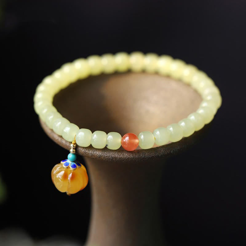 Natural Hetian Jade Amber and Red Agate Pumpkin Carved Gemstone Bracelet