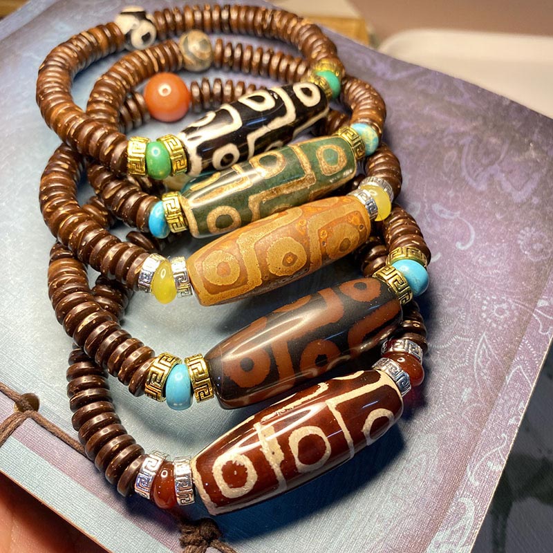Handmade Tibetan Nine-Eye Dzi Agate Bead Braided Cord Bracelet