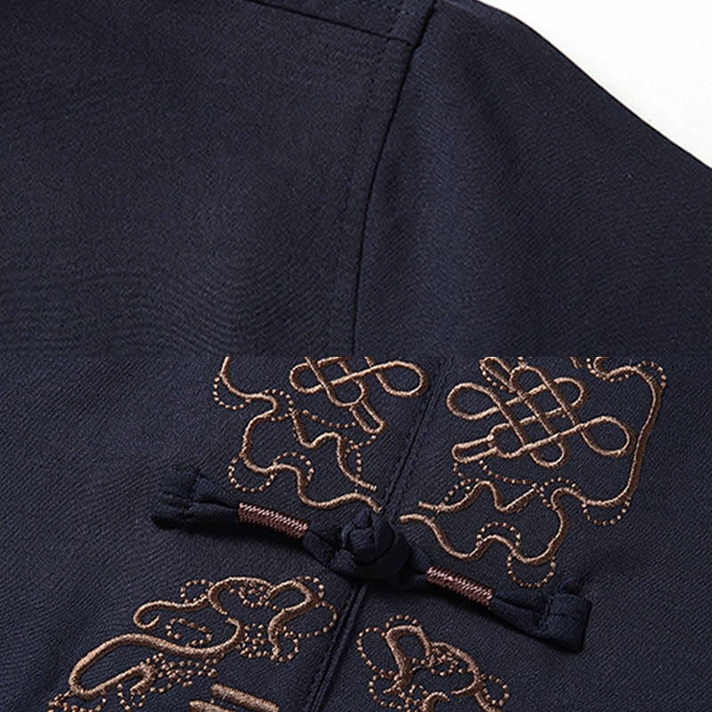 Fu Character Chinese Knotting Embroidery Tang Suit Traditional Short Sleeve Top Pants Clothing Men's Set