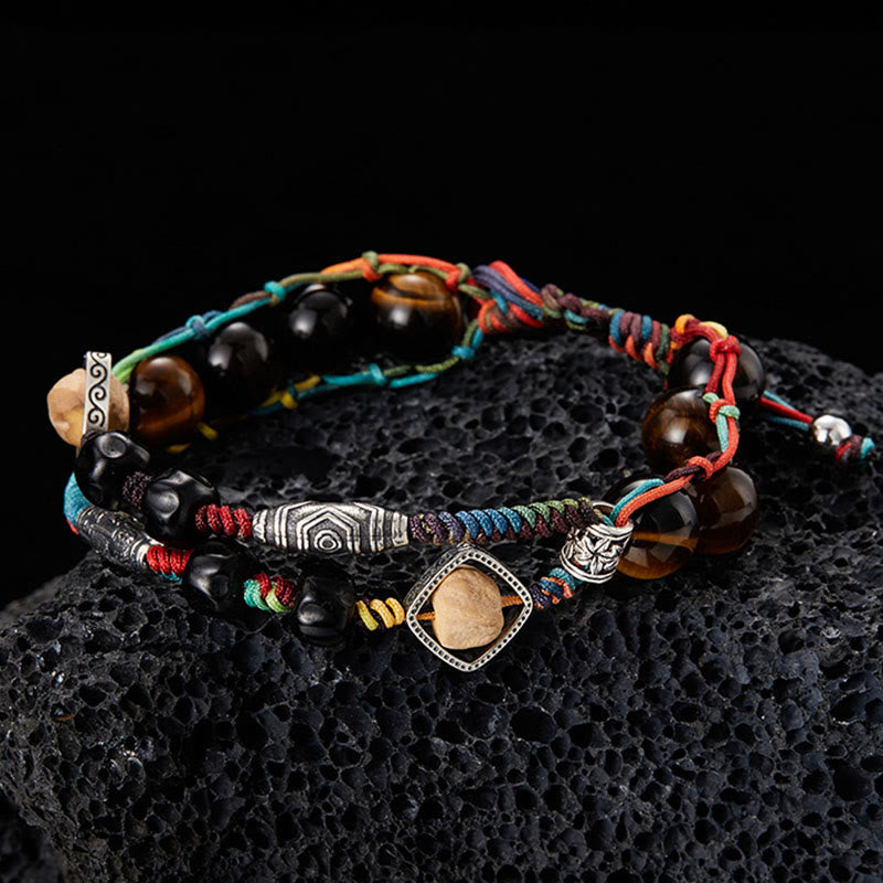 Handmade Tiger's Eye, Bodhi Seed & Coconut Shell 925 Sterling Silver Beaded Bracelet