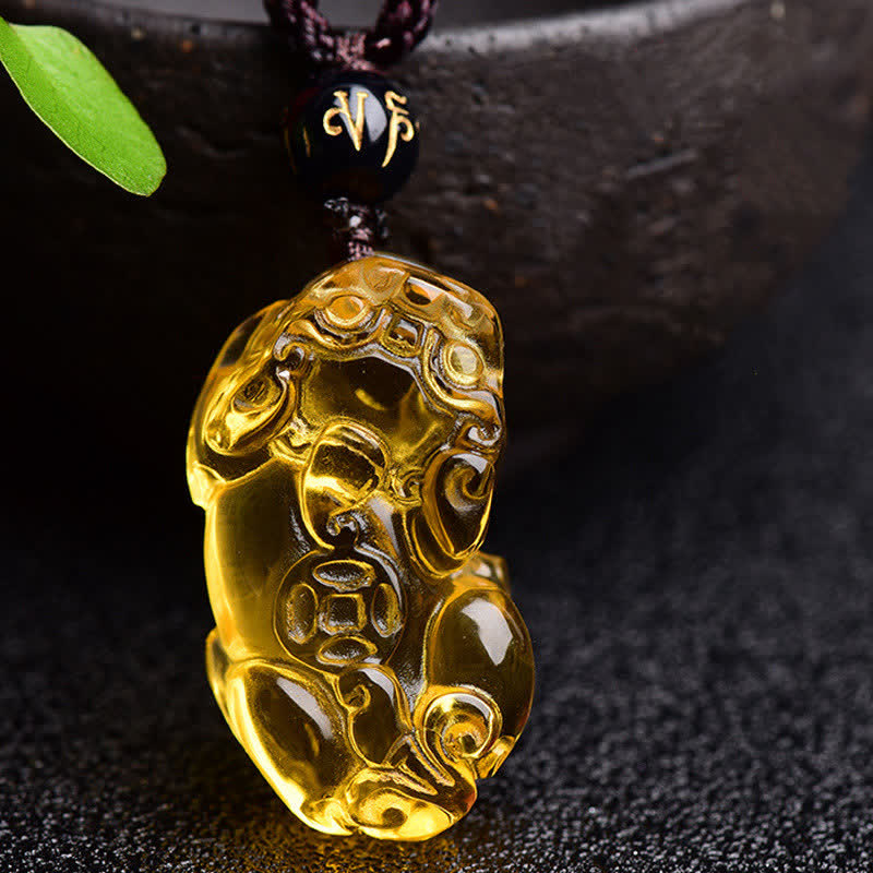 Natural Citrine Pixiu Hand-Carved Unisex Pendant Necklace