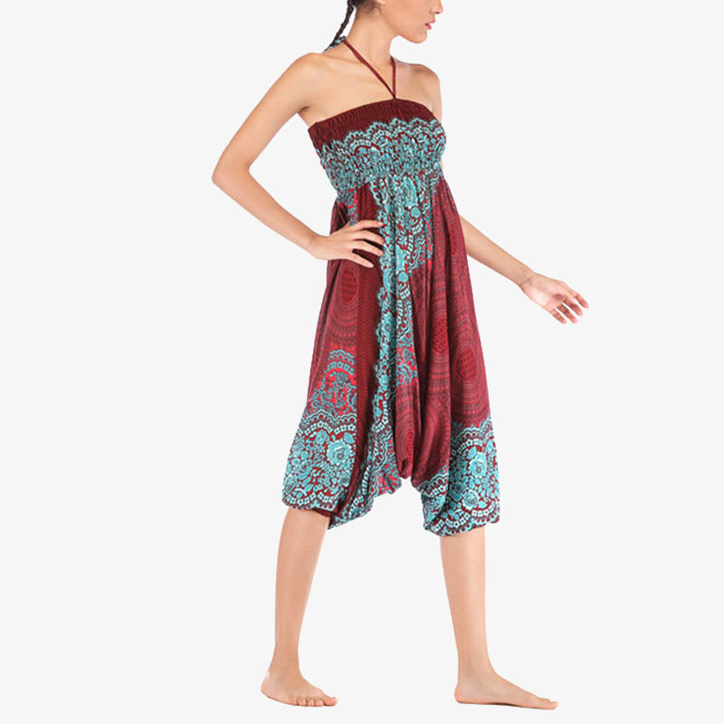 Two Style Wear Round Geometric Pattern Loose Smocked Harem Trousers Jumpsuit High Waist Women's Yoga Pants