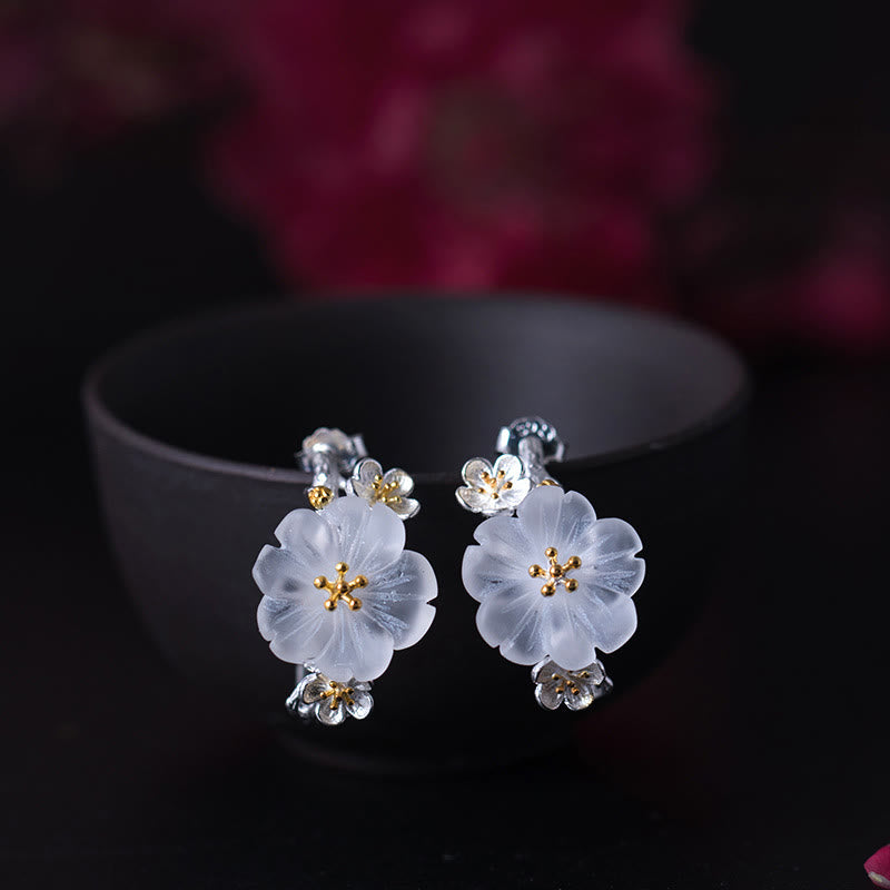 925 Sterling Silver Plum Blossom Floral Clear Quartz Earrings