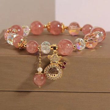 Natural Strawberry Quartz Crystal Beaded Bracelet with Carved Money Bag Charm