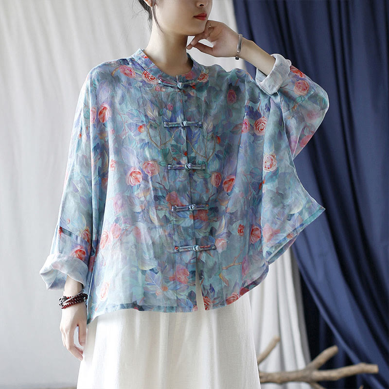 Pink Flowers Green Leaves Print Frog-button Design Long Sleeve Ramie Linen Jacket Shirt
