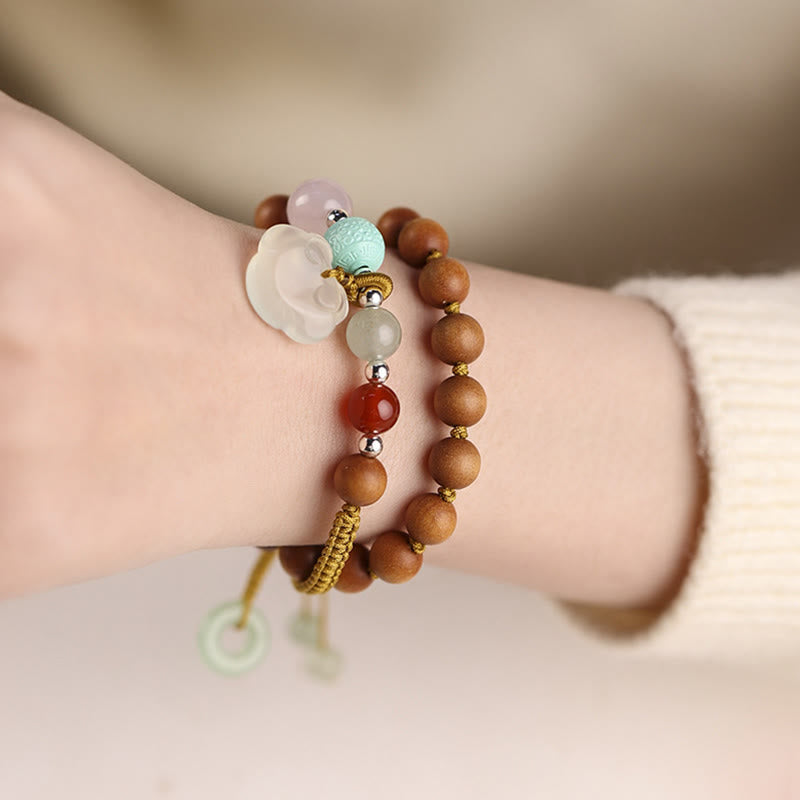 Green Sandalwood Chalcedony Peace Buckle Charm Soothing Double Wrap Bracelet