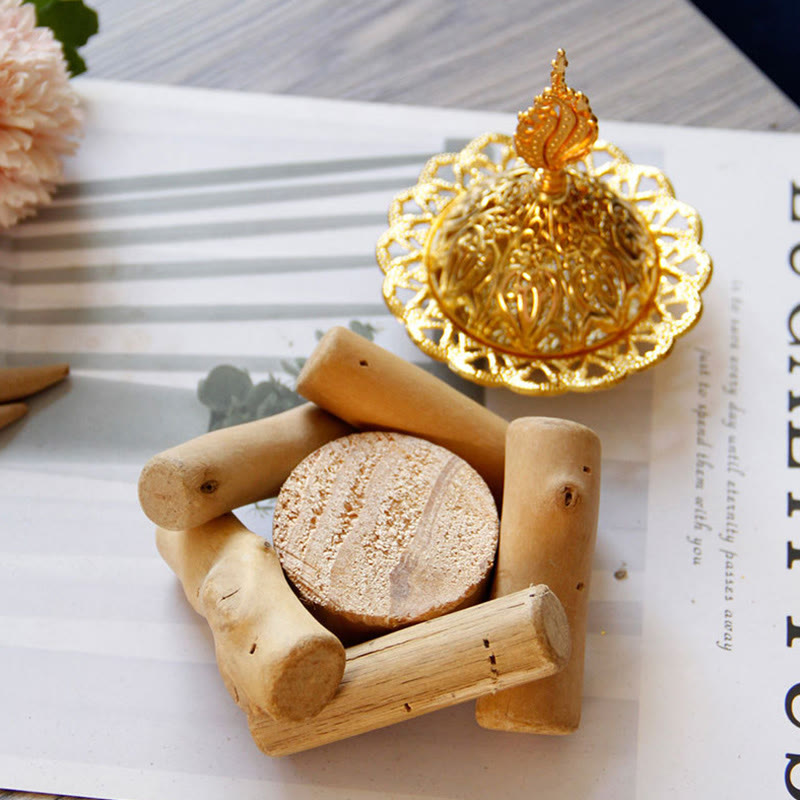 Mini Gold Alloy Buddha Incense Burner with Protective Wooden Coaster