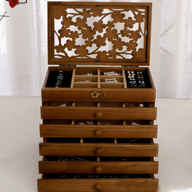 Vintage Plum Blossom Carved Wooden Jewelry Box Six-Layer Jewelry Storage Box
