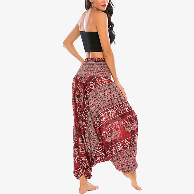 Two Style Wear Elephant Pattern Loose Smocked Harem Trousers Jumpsuit Women's Yoga Pants