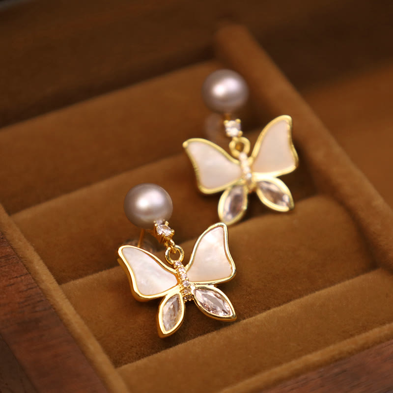 18K Gold Plated Copper Natural Shell Pearl Butterfly Sincerity Stud Earrings