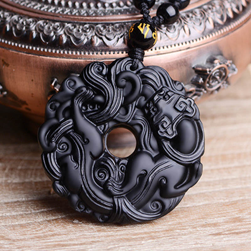 Natural Black Obsidian Peace Buckle Pixiu Purification Necklace Pendant