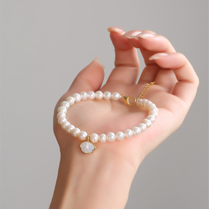 14K Gold Plated Natural Pearl & Seashell Charm Bead Bracelet with Amethyst or Red Agate