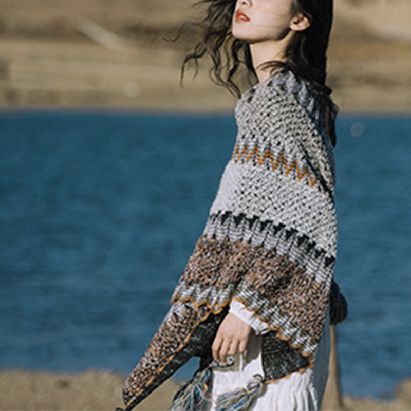 Tibetan Shawl Gray Brown Striped Knitted Tassels Winter Cozy Travel Scarf Wrap