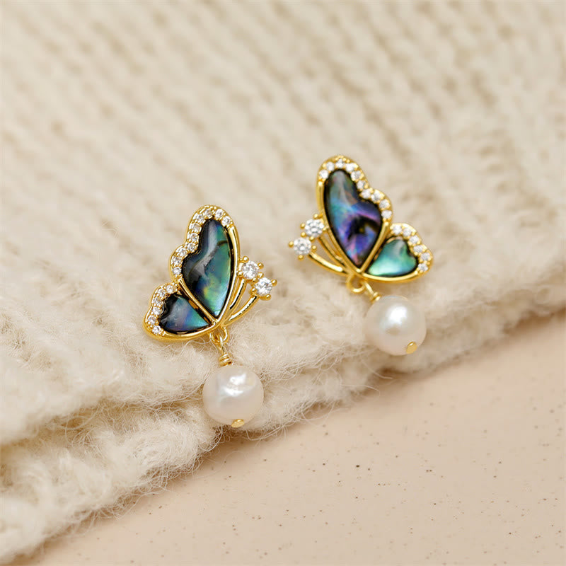 18K Gold Plated Copper Pearl Butterfly Stud Earrings with 925 Sterling Silver Posts