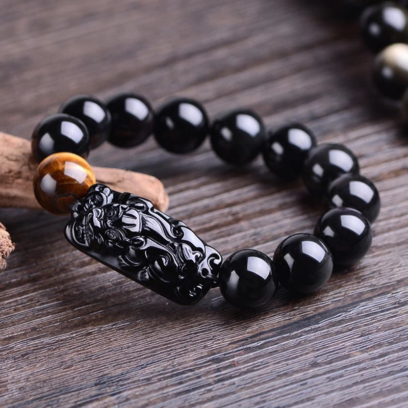 Natural Black Obsidian and Tiger Eye Pixiu Beaded Energy Bracelet