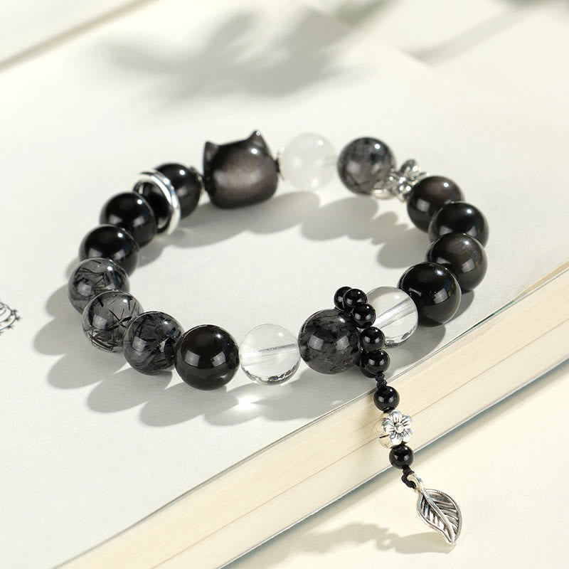 Natural Silver Sheen Obsidian Charm Bracelet with Rose Quartz, Aquamarine, Black & Clear Quartz