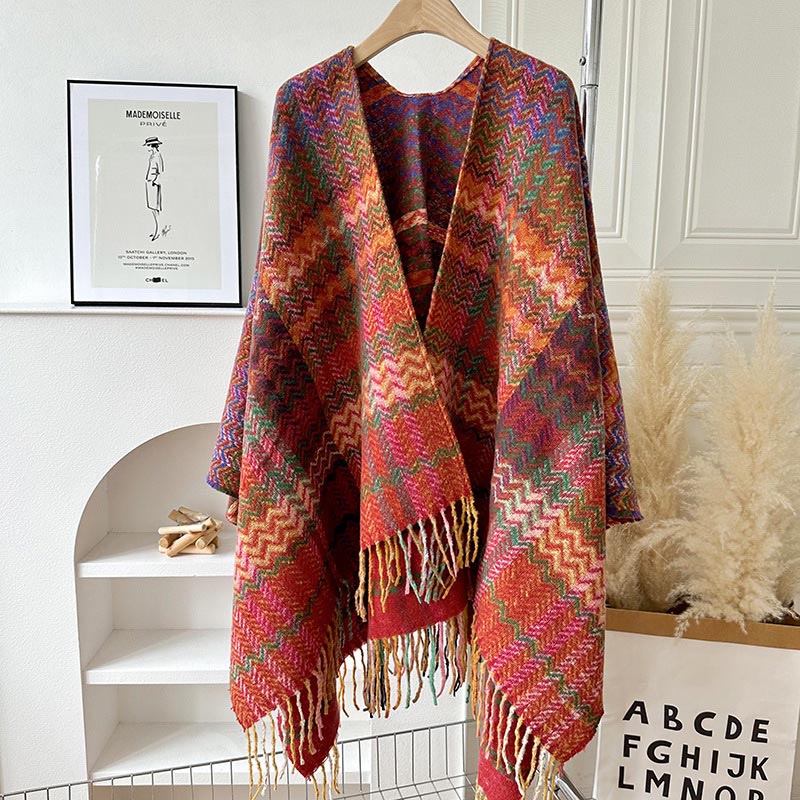 Tibetan Shawl Colorful Wavy Striped Shapes Tassels Winter Cozy Travel Scarf Wrap