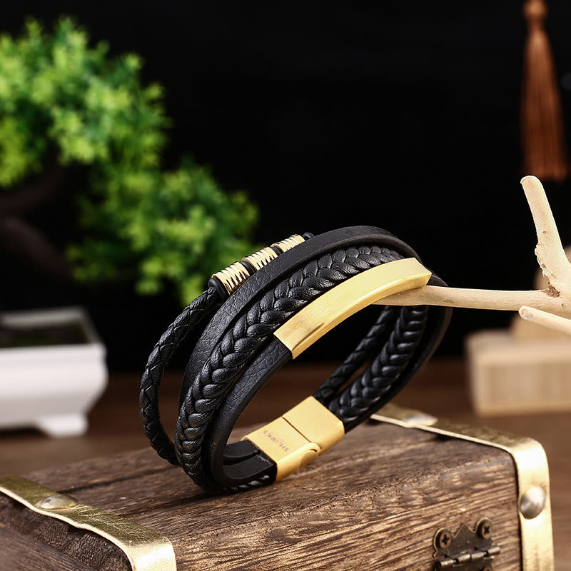 Leather Multi-Layer Titanium Steel Balance Braided Magnetic Buckle Bracelet