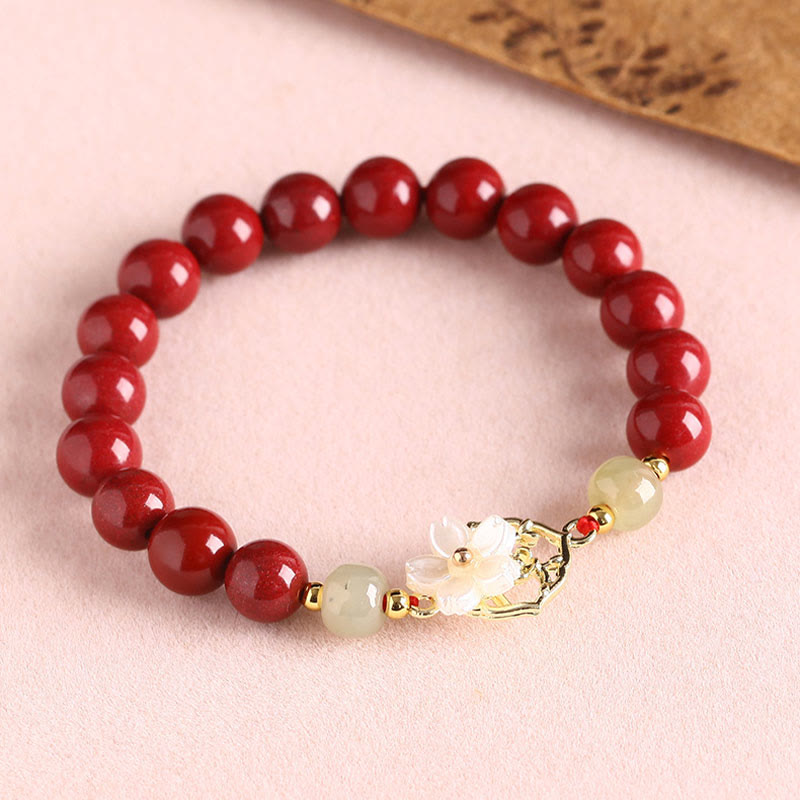 Natural Cinnabar Jade Beaded Tridacna Stone Flower Blessing Bracelet