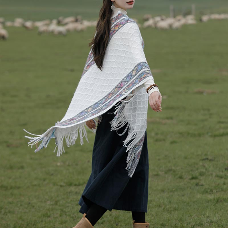 Tactile Knit Geometric Tassel Meditation Shawl Pullover