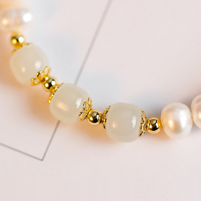 14K Gold Plated Natural Pearl & Hetian Jade Sincerity Bead Chain Bracelet