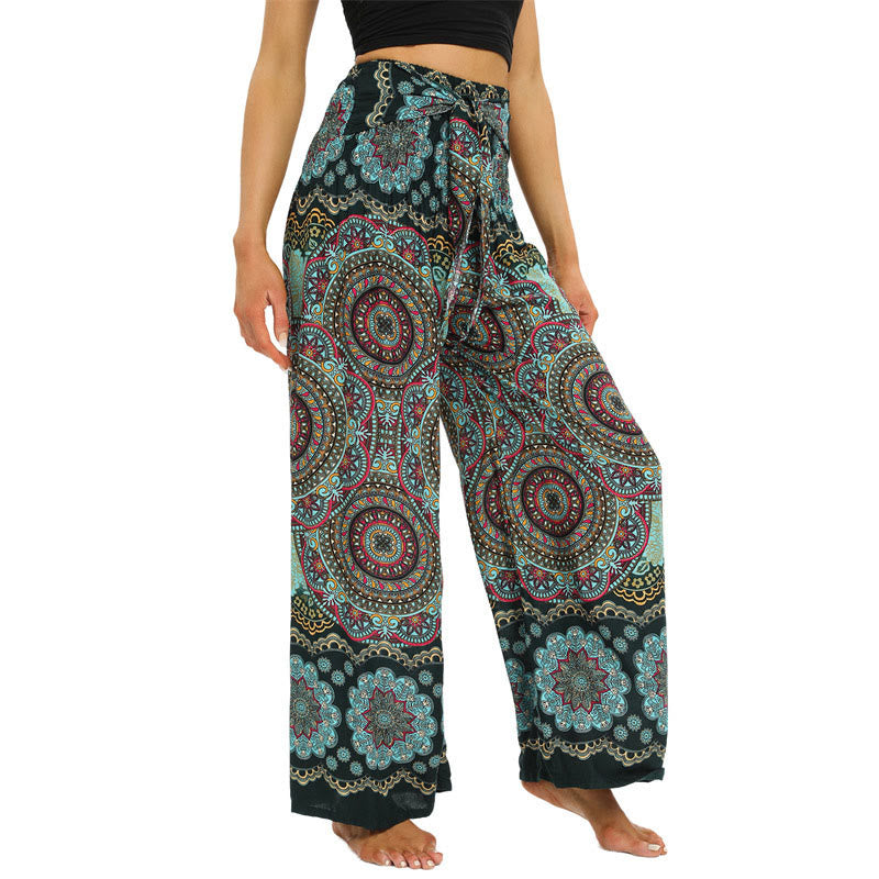 Boho Mandala Print Lace-up Wide Leg Pants Women's Yoga Pants