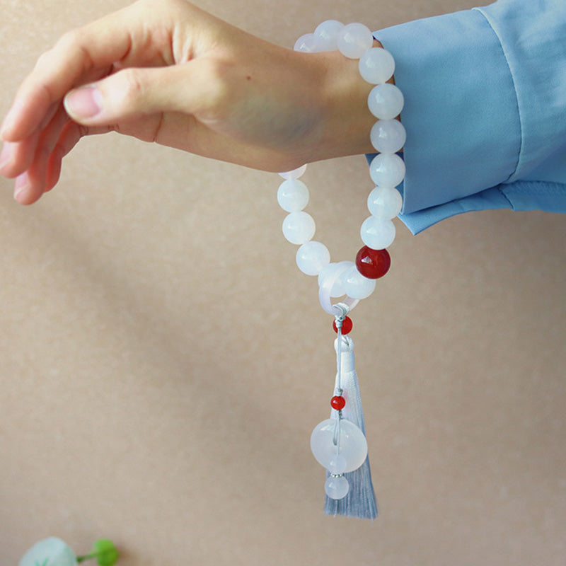 White Agate Red Agate Luck Wrist Mala Tassels Pocket Mala Car Decoration