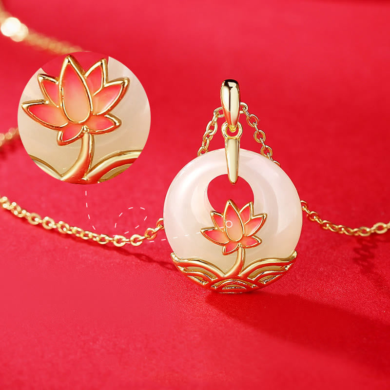 925 Sterling Silver Hetian White Jade Lotus Flower Blessing Necklace Pendant