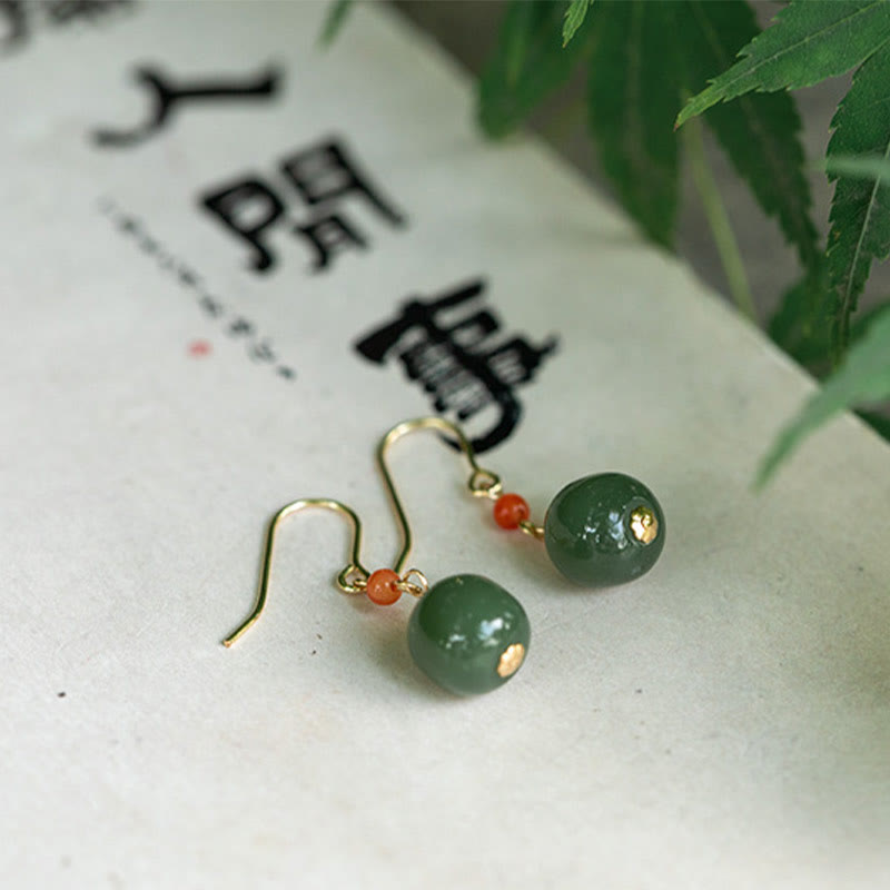 925 Sterling Silver Plated 14k Gold Hetian Jade Red Agate Luck Drop Dangle Earrings