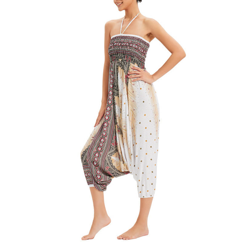 Two Style Wear Peacock Feather Loose Smocked Harem Trousers Jumpsuit High Waist Pants