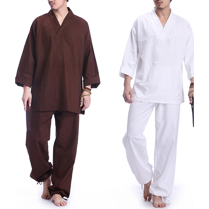 Meditation Prayer V-neck Design Cotton Linen Spiritual Zen Practice Yoga Clothing Men's Set