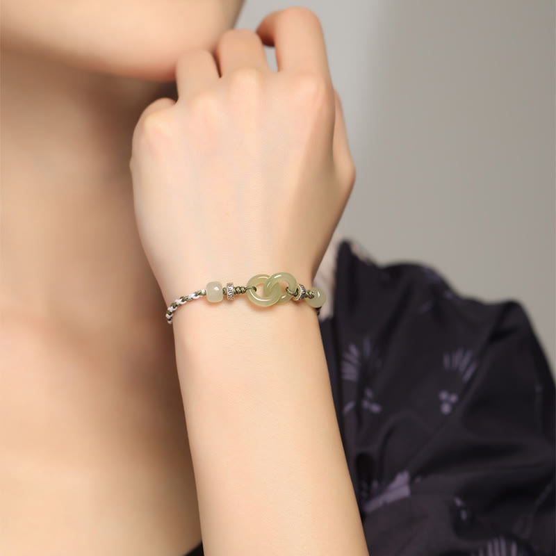 Natural Hetian Jade Ping An Kou Peace Buckle Braided Bracelet