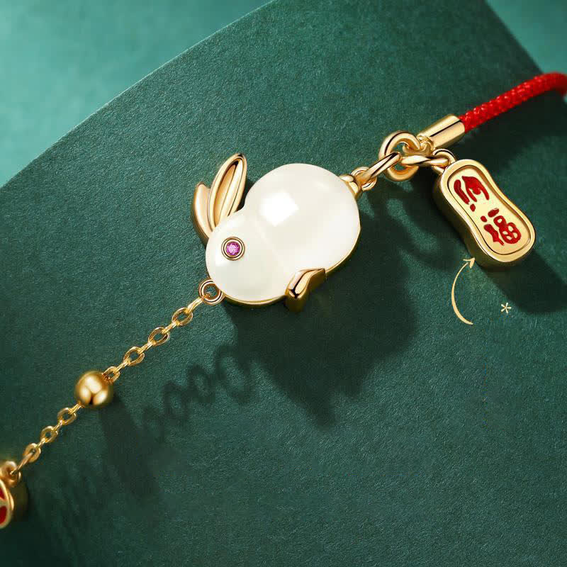 Year of the Rabbit White Jade Happiness Red String Chain Bracelet