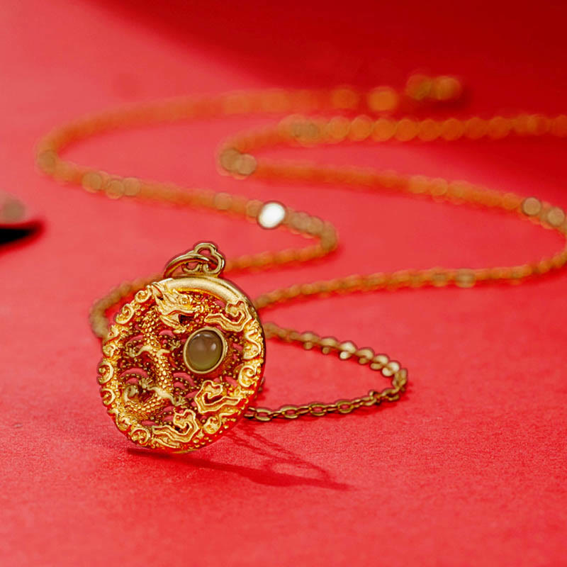 925 Sterling Silver Year Of The Dragon Auspicious Clouds Hetian Jade Inlaid Luck Necklace Pendant