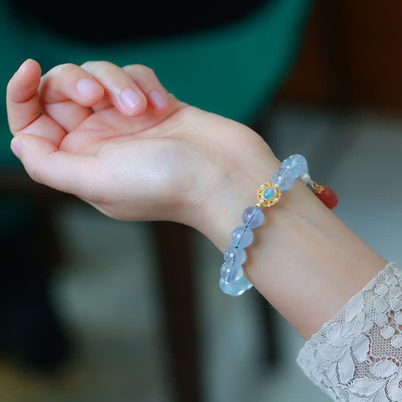 Natural Aquamarine and Red Agate Beaded Bracelet with Sterling Silver, Gold, and Pearl