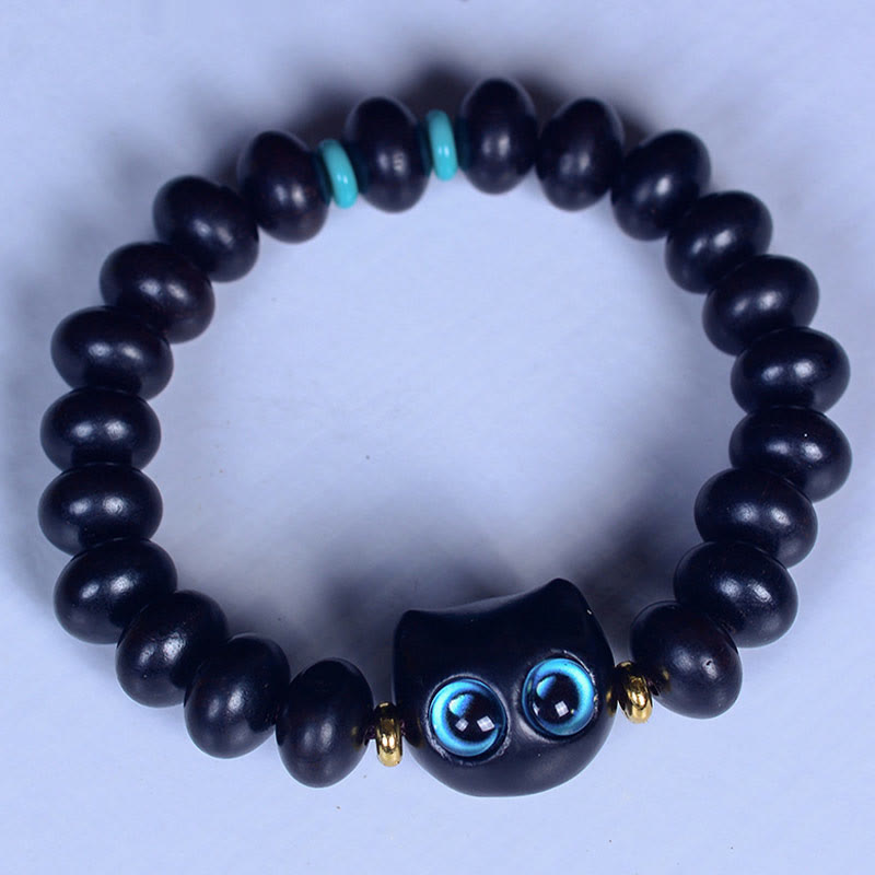 Natural Ebony Wood and Liuli Glass Lucky Cat Beaded Bracelet for Cat Lovers