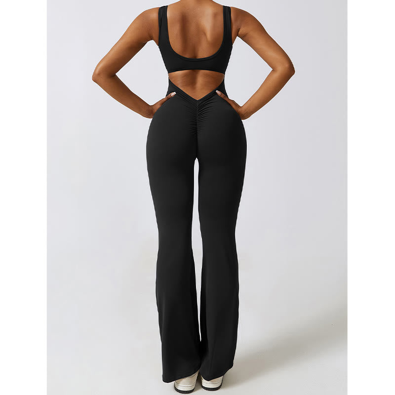 Women Workout Sleeveless Jumpsuit Flare Pants Sports Fitness Yoga Bodysuit