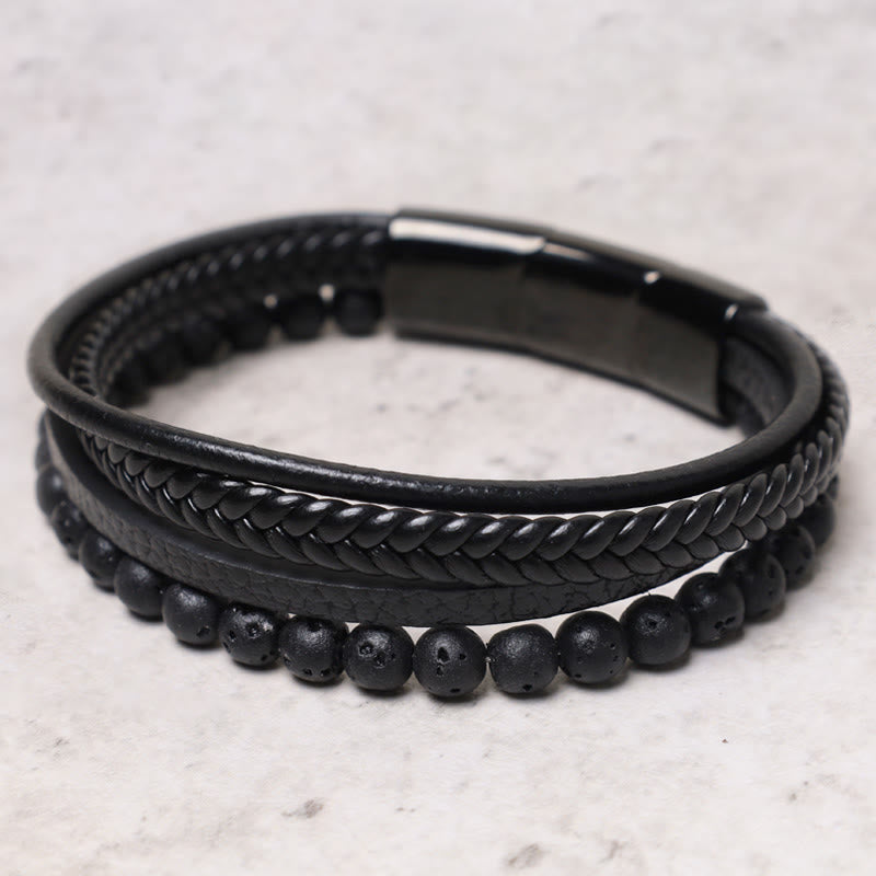 Natural Lava Rock Black Onyx Bead Leather Bracelet