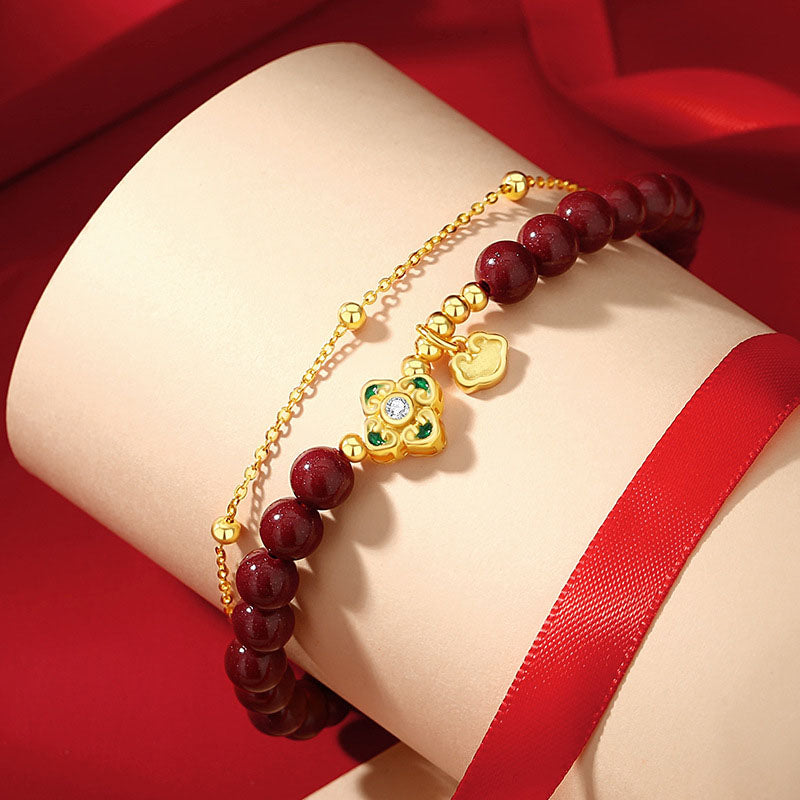 Natural Cinnabar & 925 Sterling Silver Four-Leaf Clover Longevity Lock Chain Bracelet
