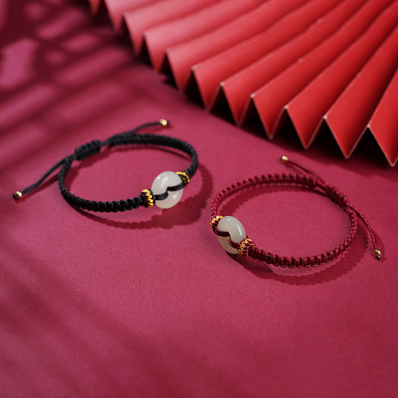 Hand-Braided Jade Ping An Kou Red String Adjustable Bracelet