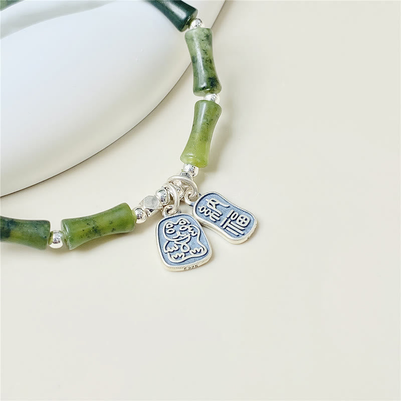 925 Sterling Silver Bamboo Jade Lucky Cat Fu Character Luck Abundance Bracelet
