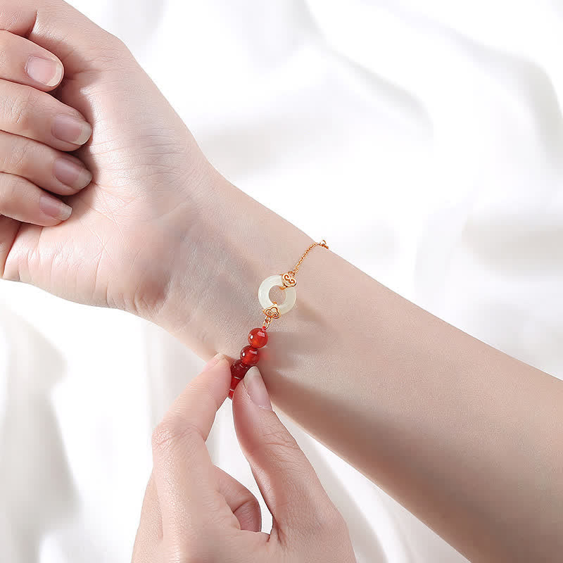 Natural Red Agate and White Jade Ping An Kou 925 Sterling Silver Peace Buckle Bracelet