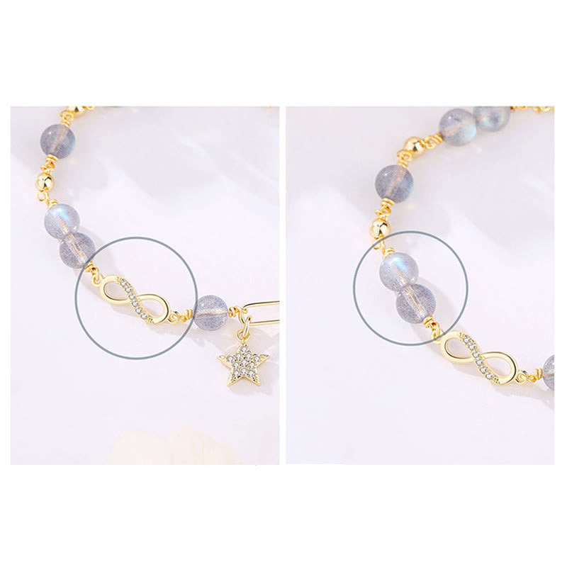14K Gold Plated Möbius Loop Star Natural Moonstone or Strawberry Quartz Bracelet