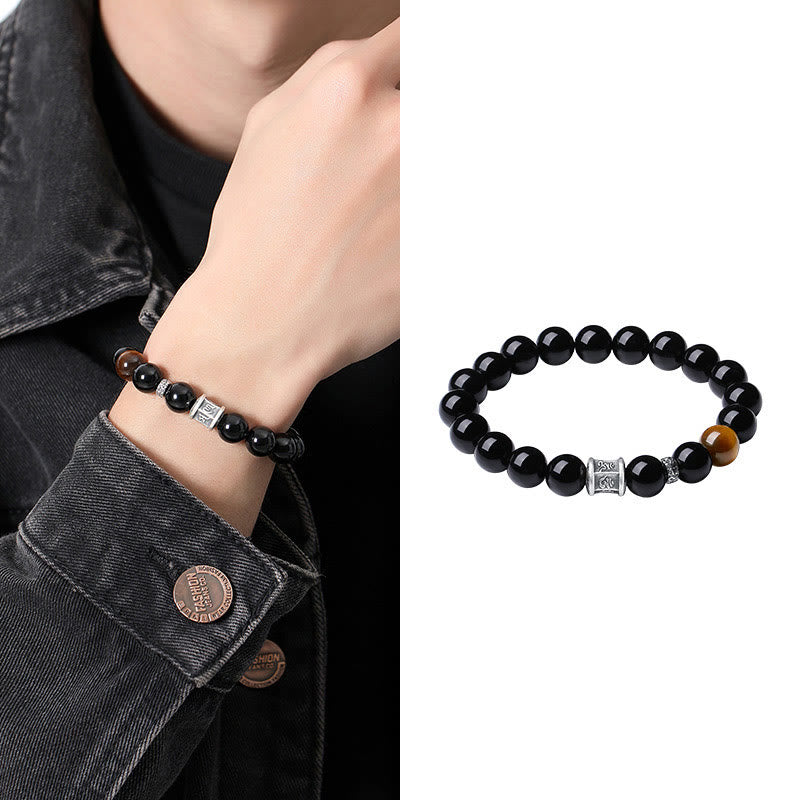 999 Fine Silver Om Mani Padme Hum Mantra Black Obsidian & Tiger Eye Beaded Bracelet