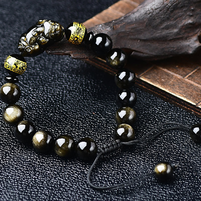 Natural Gold Sheen Obsidian Pixiu Om Mani Padme Hum Braided Bracelet