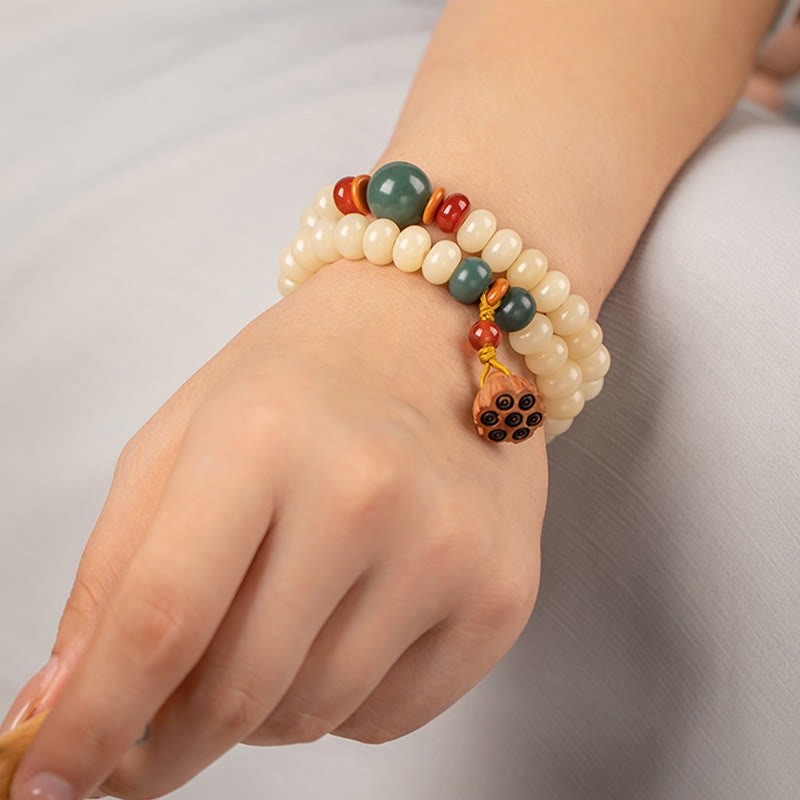 Natural Bodhi Seed and Lotus Pod Charm Double Wrap Mindfulness Bracelet