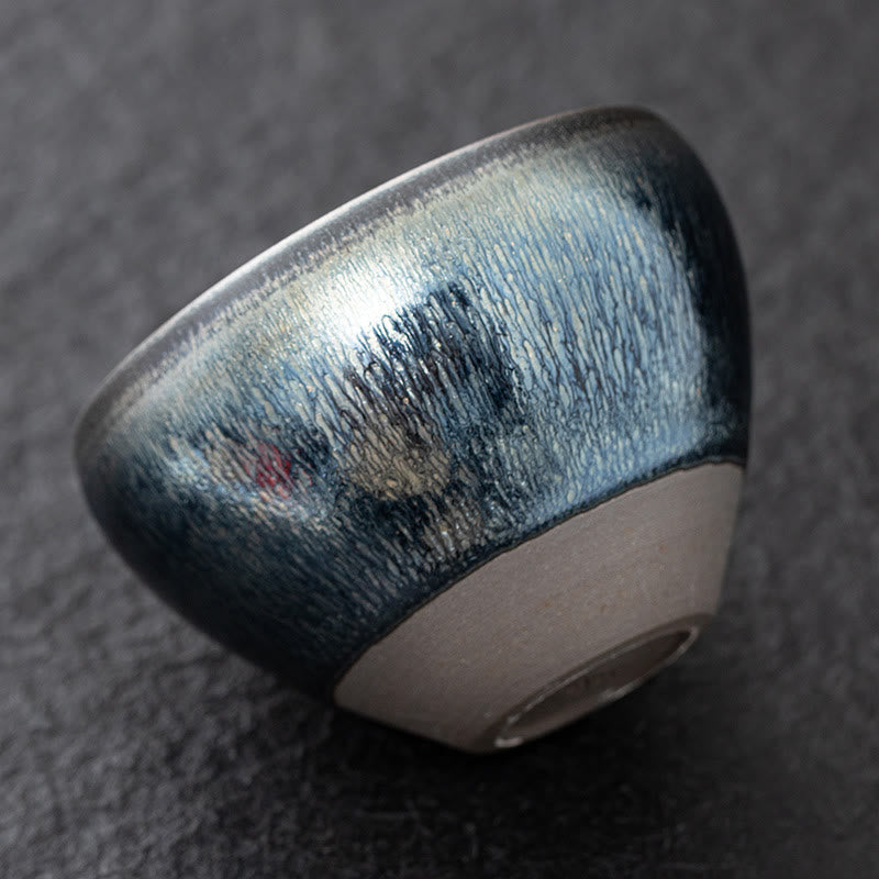 Vintage Chinese Silver Blue Jianzhan Kiln Change Porcelain Teacup Kung Fu Tea Cup